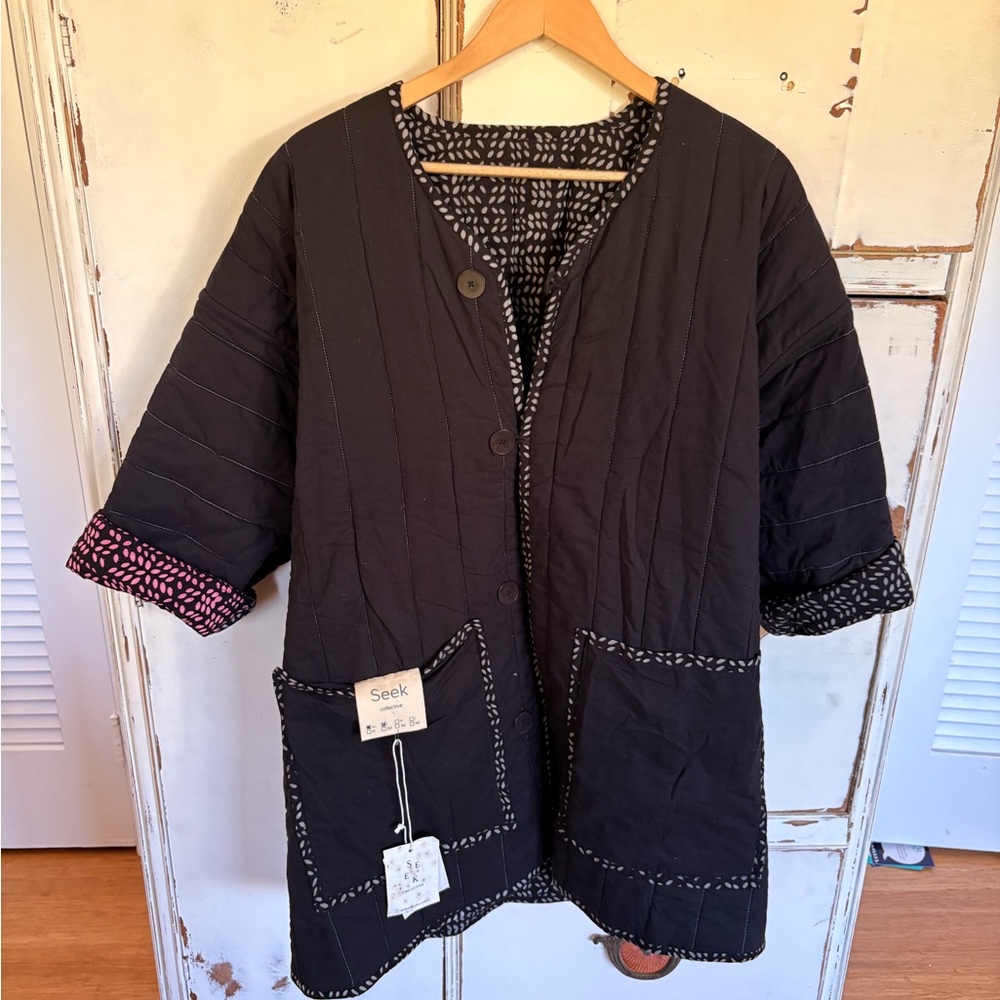 Black Quilted Jacket with Patterned Trim
